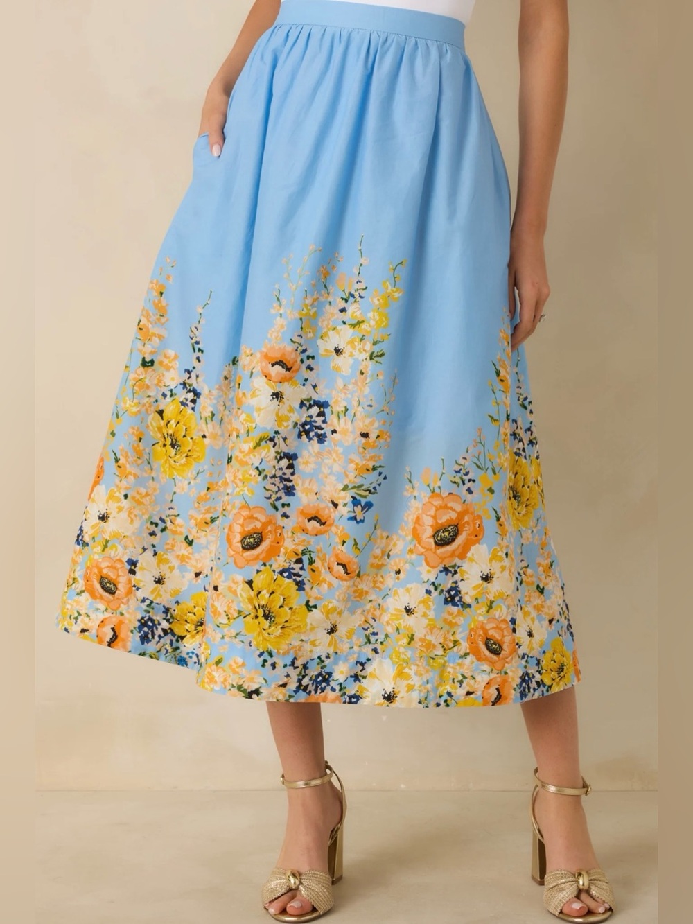 Entro Floral Border Print Midi Skirt S Blue Cotton A-Line NWT
